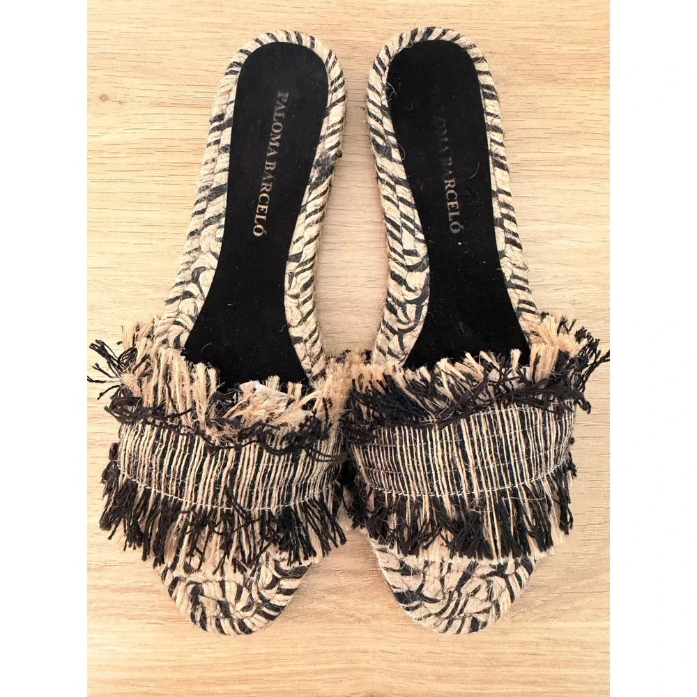 Anthro Paloma Barcelo 39 Black Tan Fringed Raffia Espadrille Slide Sandals Boho